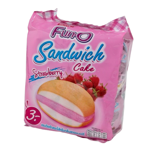 Fun O Strawberry Cream Filled Sandwich Cake 13g.×12pcs. ฟันโอ แซนวิชเค้กสอดไส้ครีมกลิ่นสตรอเบอร์รี่ 13กรัม×12ชิ้น 1