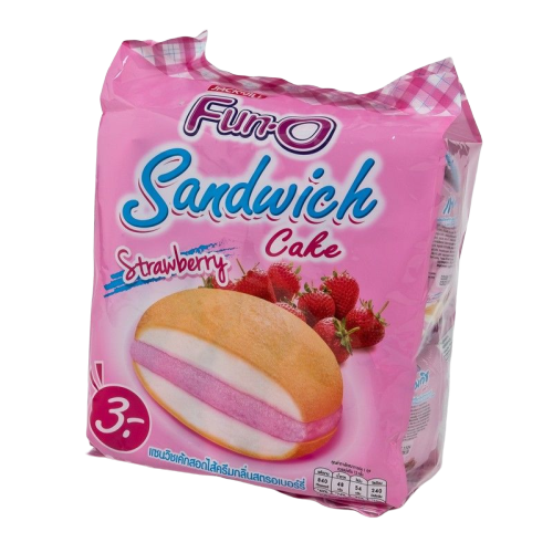 Fun-O Strawberry Cream Filled Sandwich Cake 13g.×12pcs. ฟันโอ แซนวิชเค้กสอดไส้ครีมกลิ่นสตรอเบอร์รี่ 13กรัม×12ชิ้น